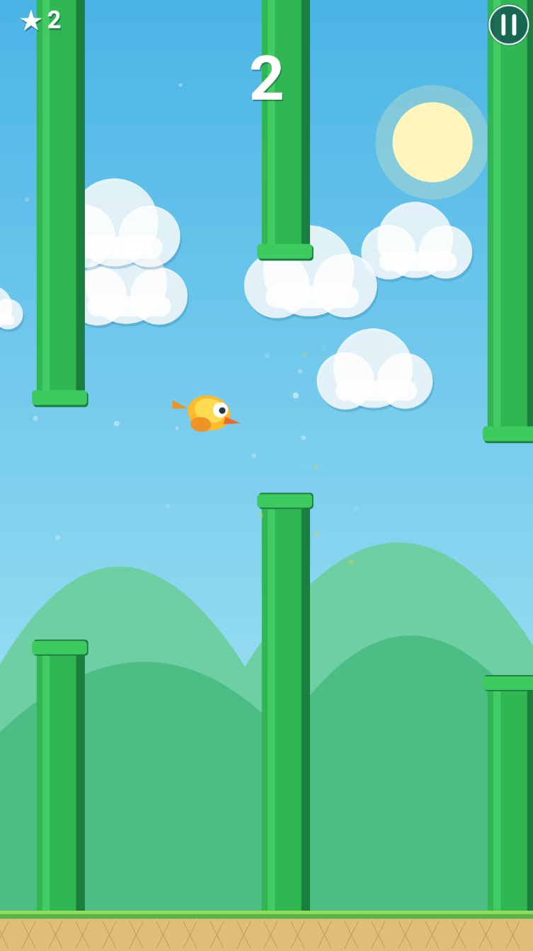 Fiipsy Bird flying between green pipes in a bright blue sky